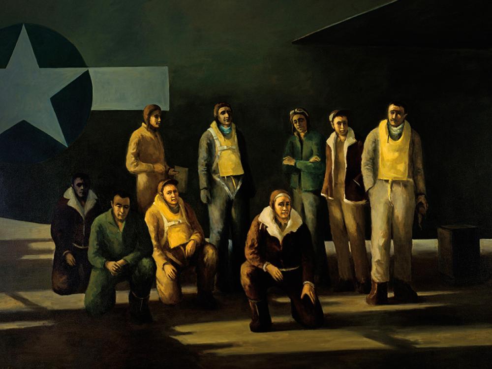 An oil painting on a 73.25” x 94.75” canvas depicting a bomber crew of nine airmen in the foreground, standing or kneeling in front of the tail section of a large Allied aircraft. Three of the airmen are wearing yellow life-vests. The interplay of light and shadow on the men’s faces and throughout the painting creates a somber feeling.