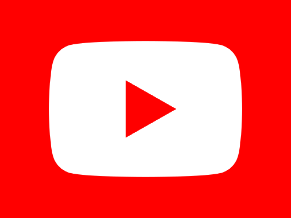 A white play button on a red background. 