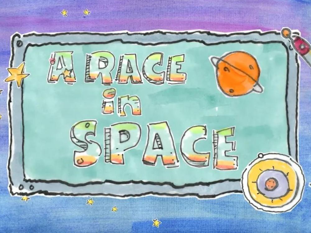 An illustrated title card with the text "A Race in Space" and a drawing of a rocket.