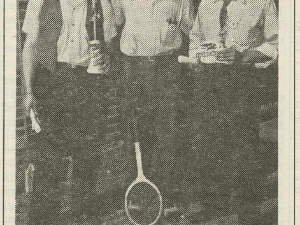 Halftone photo of three Black men.  The one on the left holds a trophy, the one in the middle a tennis racket, and the one on the right holds the Fairchild logo.