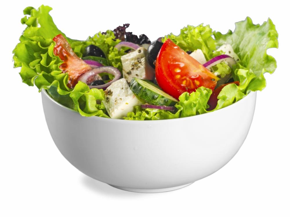 A mixed green salad in a bowl. 