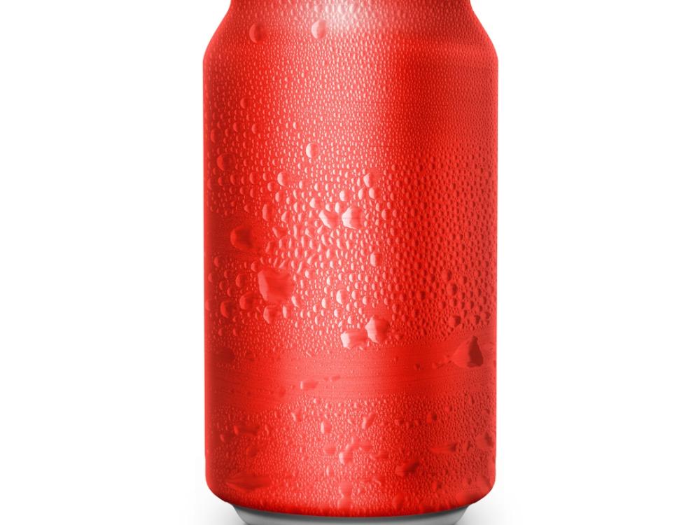 A red 12 ounce can with condensation on the outside.