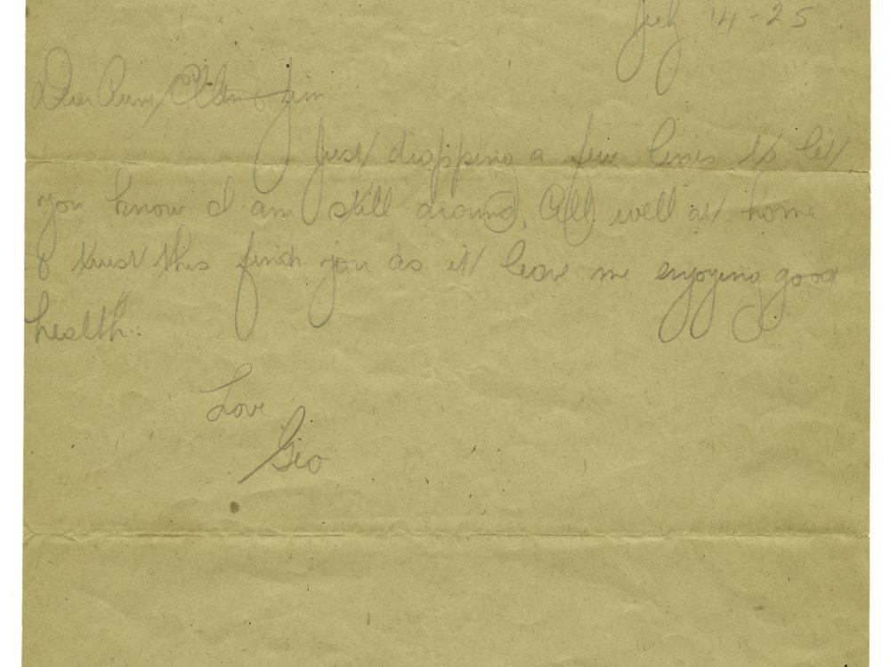 A weathered letter addressed to Aunt Ellen and Jim written by George Schnitzer, Jr. 