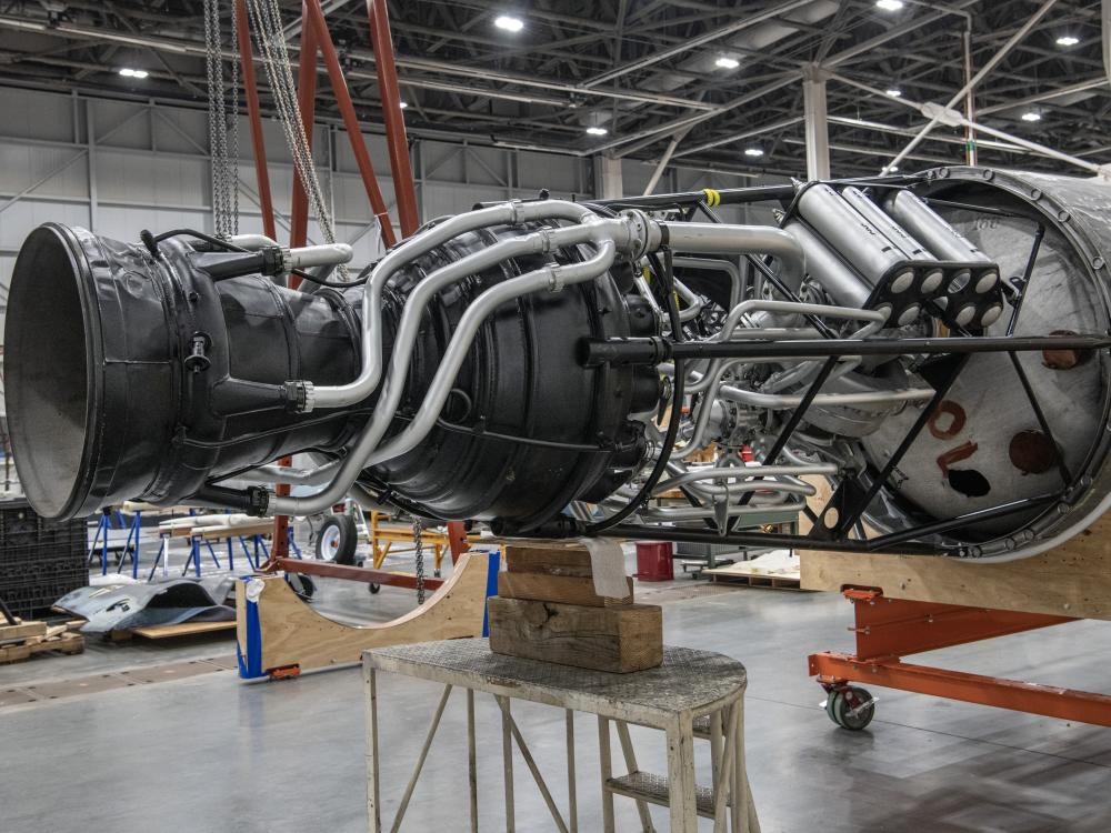 Propulsion system of a rocket inside a restoration facility.