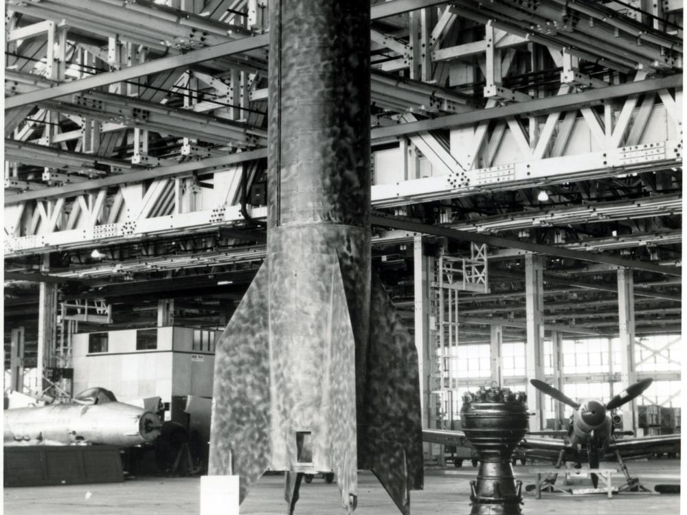 Large rocket in an empty facility.