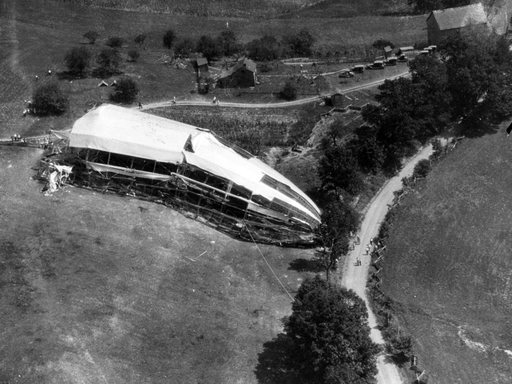 One end of a broken up piece of an airship as seen from above.