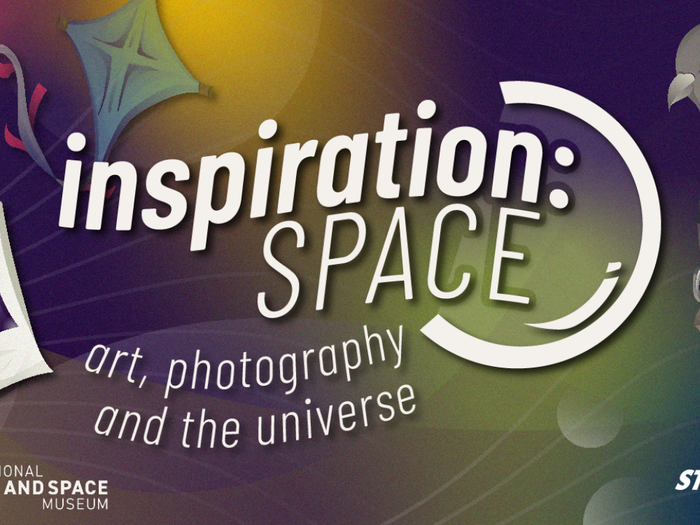 Graphic. Text reads "Inspiration Space: Art, Photography and the Universe" and features graphics of a polaroid, a pigeon with a camera, and a kite