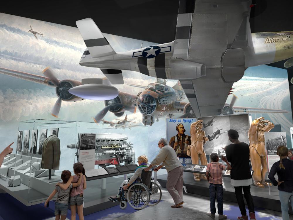 A rendering of a museum gallery with world war II aircraft hung from the ceiling and related objects on display.