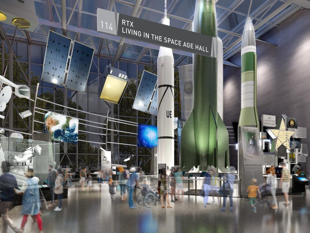 A rendering of an exhibition in a museum that features multiple full scale rockets and other objects related to the space age.