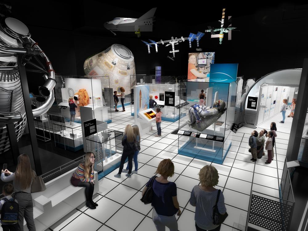 A rendering of a museum exhibition that features object related to life in space. 