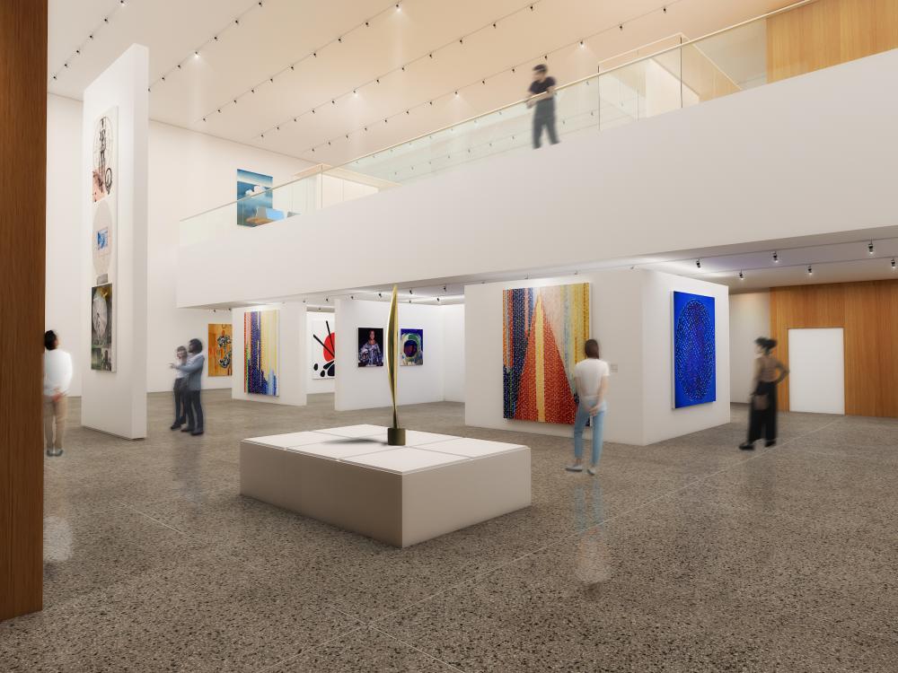 A rendering of a museum gallery that has different types of art related to aviation and space on display.