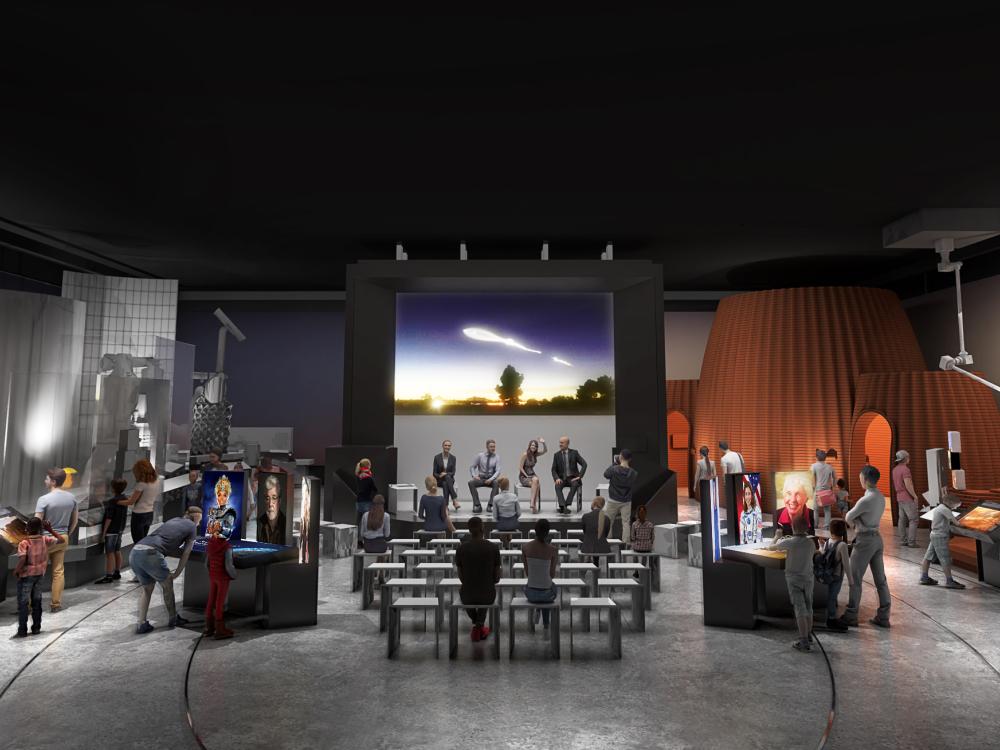 A rendering of a museum exhibition with benches at its center in front of a stage. On the left and right are different objects and displays related to the future of space exploration.