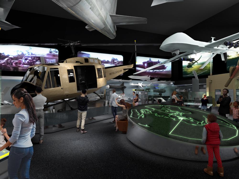 A rendering of a museum gallery that features modern military aviation technology such as drones and helicopters.