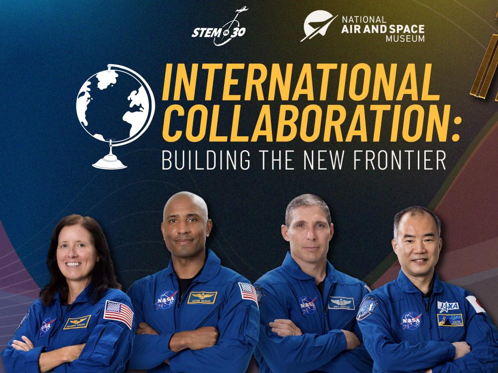 Graphic that reads "International Collaboration: Building the New Frontier" with a photo of four astronauts in blue astronaut flight suits. Three of the astronauts are American and one is Japanese, which is indicated by the Japanese flag on his arm.