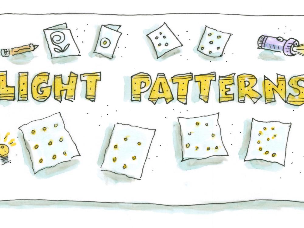Drawing of cards, a pencil, a light bulb and a flashlight. It depicts a craft activity where holes are poked into cards and then a flashlight is lit over the cards to create patterns with the light. Drawing has the title "Light Patterns" in yellow block letters with designs on the letters. 