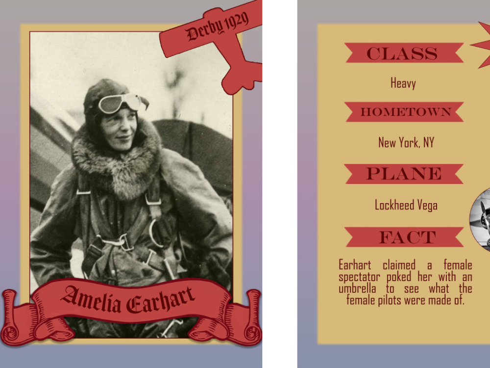 A design of a card where a woman aviator is on one side and textual information on the other.