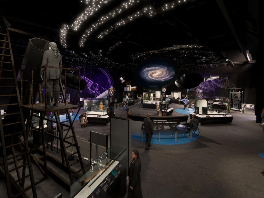 A rendering of a darkly themed museum gallery that evokes the night sky.  It features things like telescopes and satellite dishes.
