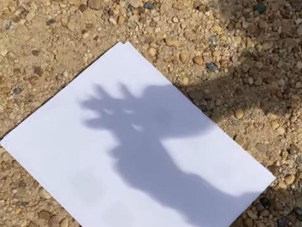 Crescent projections show through a grid created by hands during a solar eclipse. 