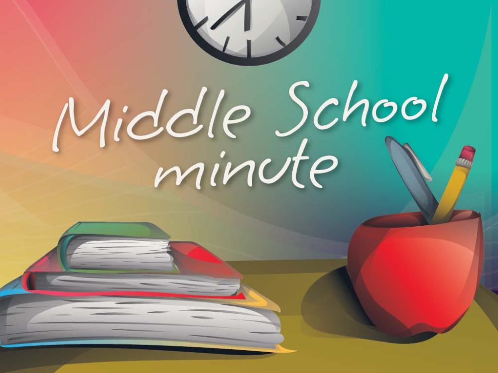Graphic featuring a stack of books and an apple. It reads "Middle School Minute"