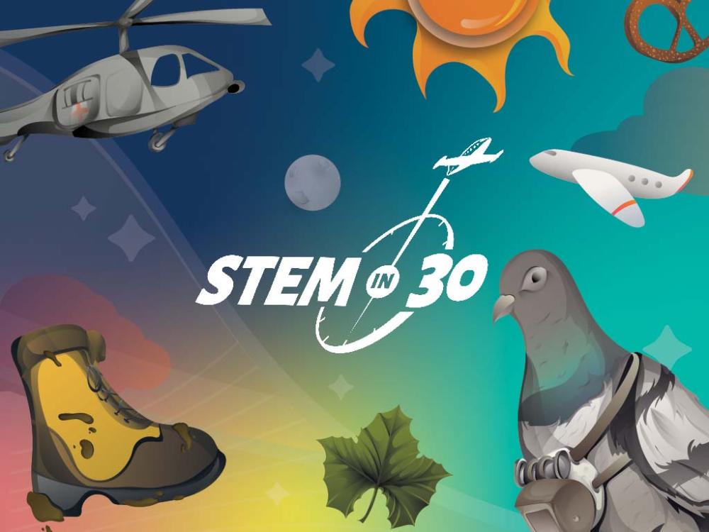 Gráfico con dibujos relacionados con la aviación y el espacio, y logotipo de STEM in 30 en el medio.