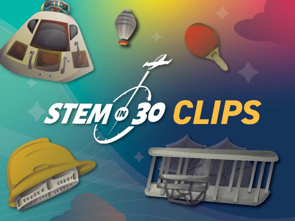 Graphic with aerospace clip-art and text that says STEM in 30 clips.