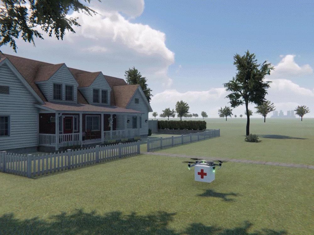 A computer rendering of a drone delivering medicine to a house.