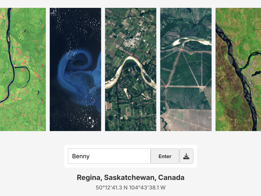 A screenshot of satellite imagery meant to look like letters of the word "Benny."