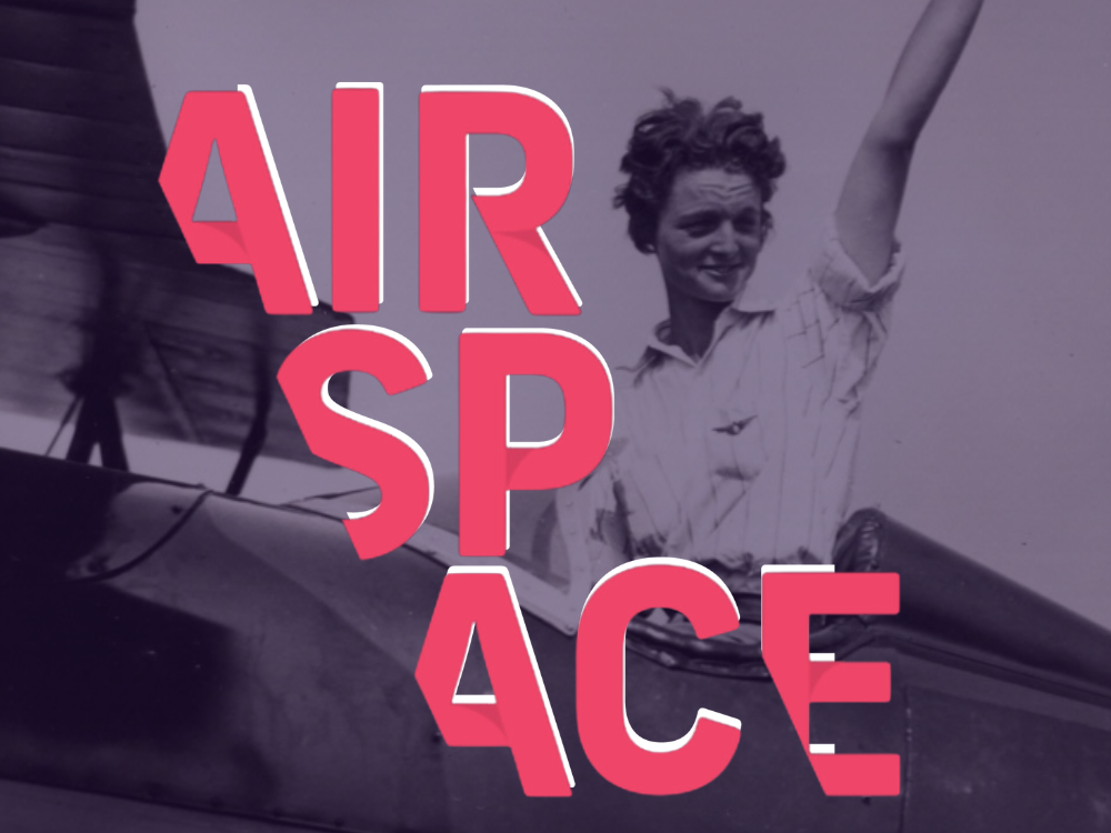 A woman stands in the cockpit of a small airplane with her arm outstretched. She wears clothes typical of the 1920s. Over her is the AirSpace logo. 