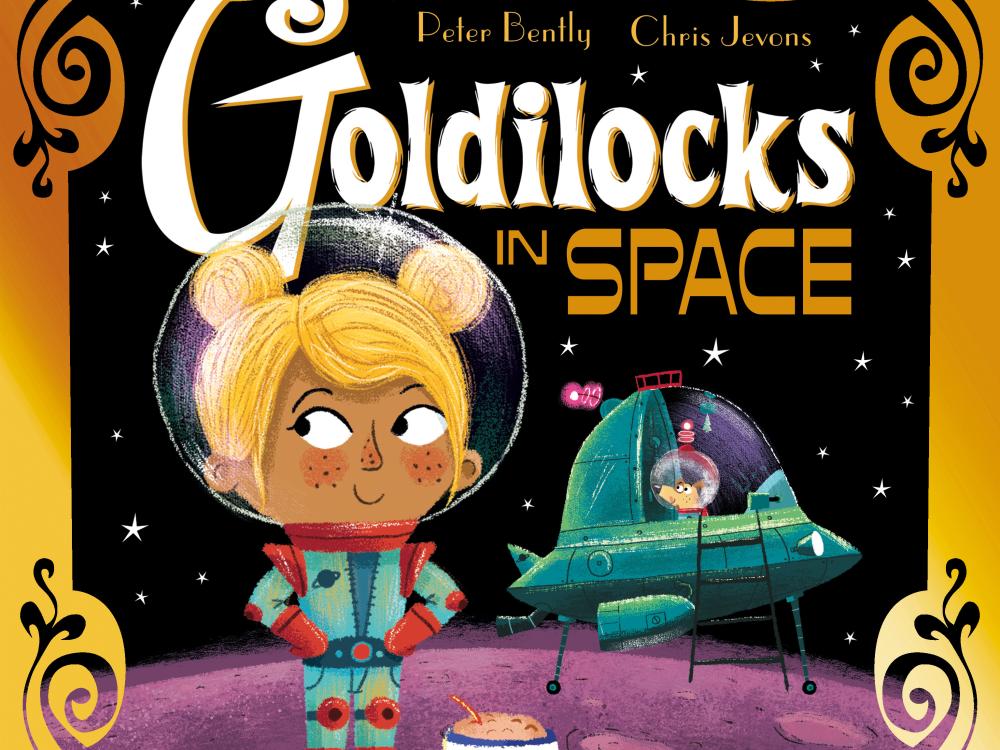 An illustration of a young girl in a spacesuit on the bookcover of "Goldilocks in Space."