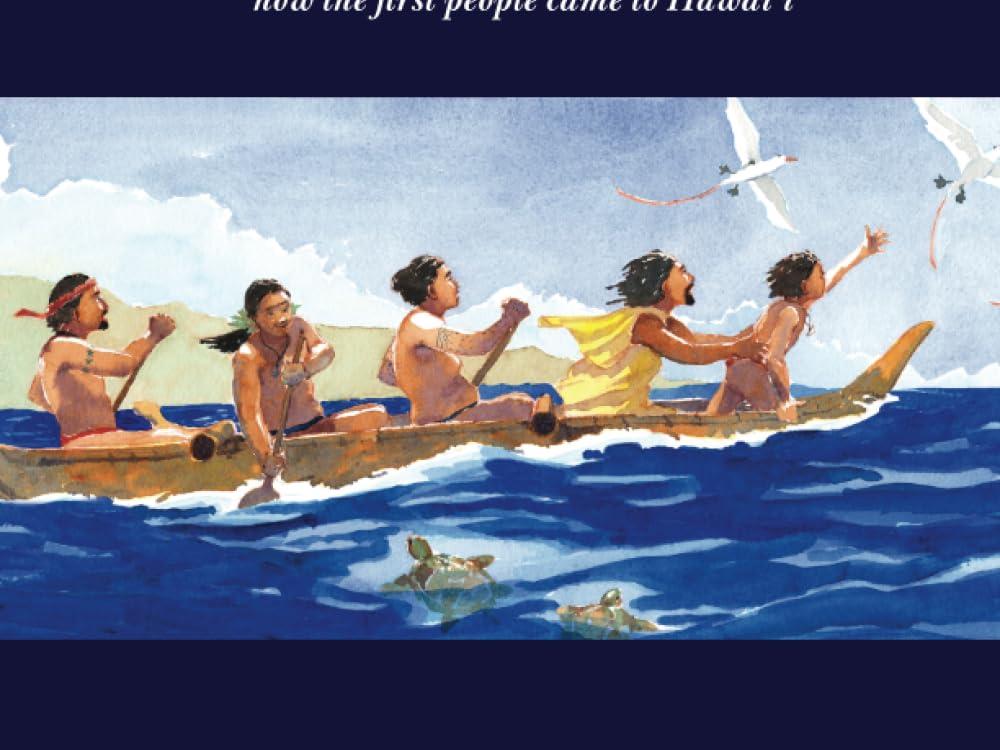 Book cover of "Island below the Star" with an illustration of four people paddling a traditional canoe across a vibrant blue ocean. The book title is in white and red. 