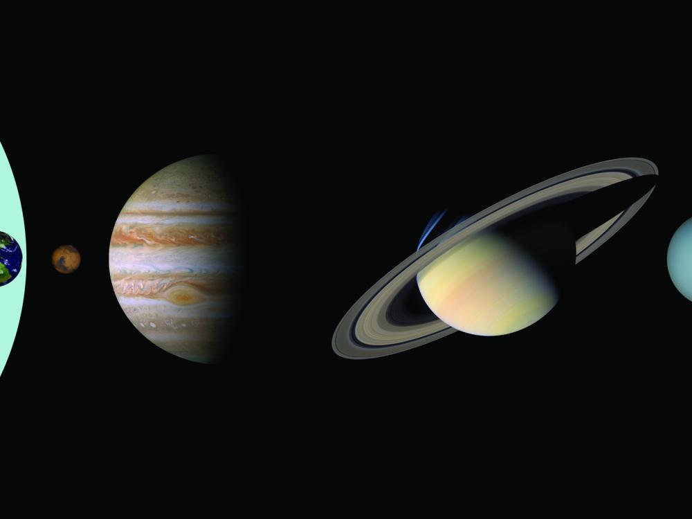  A lineup of the solar system planets from left to right: Mercury, Venus, Earth, Mars, Jupiter, Saturn, Uranus, and Neptune, against a black background with a partial green arc behind Earth. 