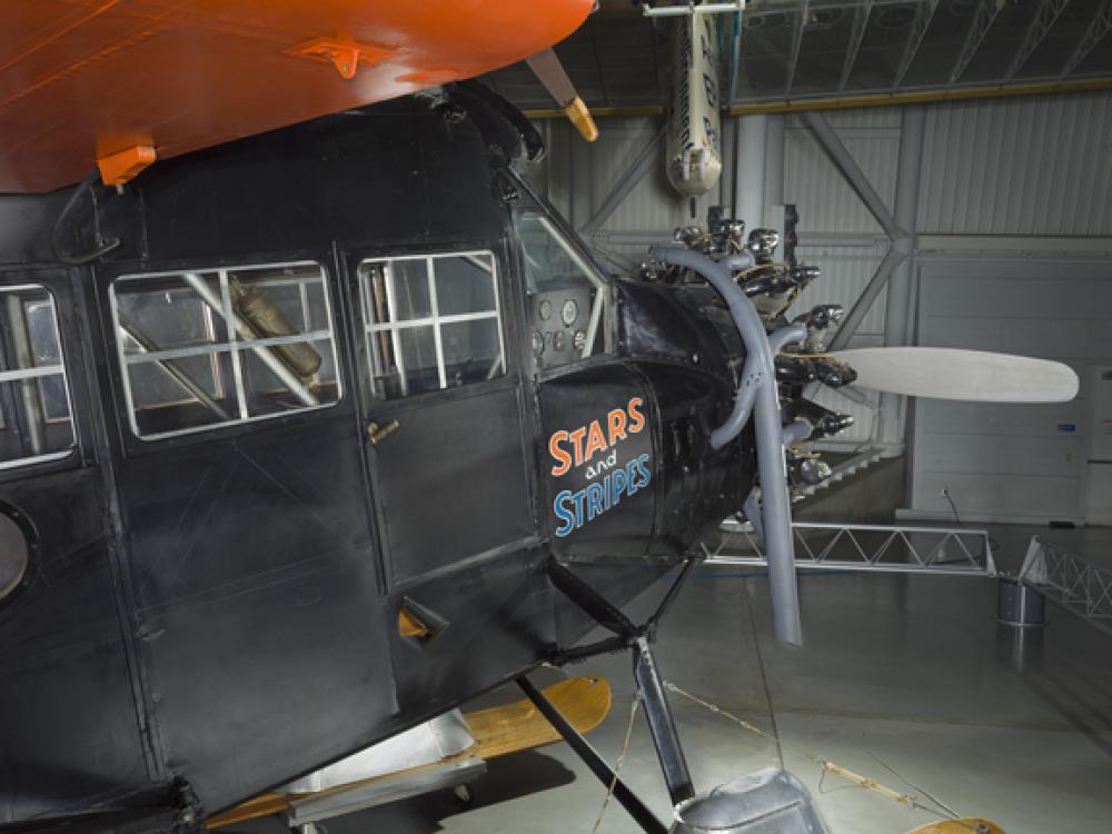 Close up view of a cockpit of a biplane