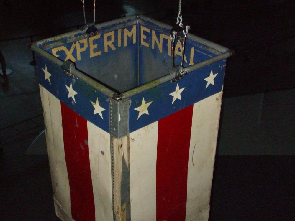 Red, white and blue metal balloon basket flown at a centennial commemoration of John Wise's Jupiter balloon flight