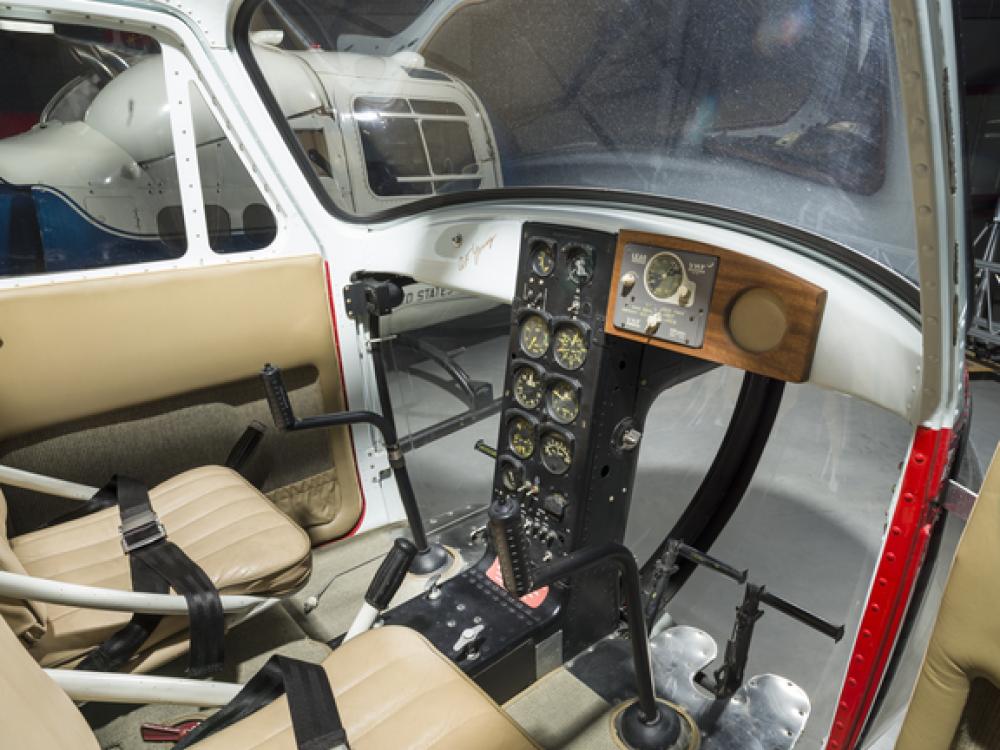 Interior view of a two-seat helicopter. 