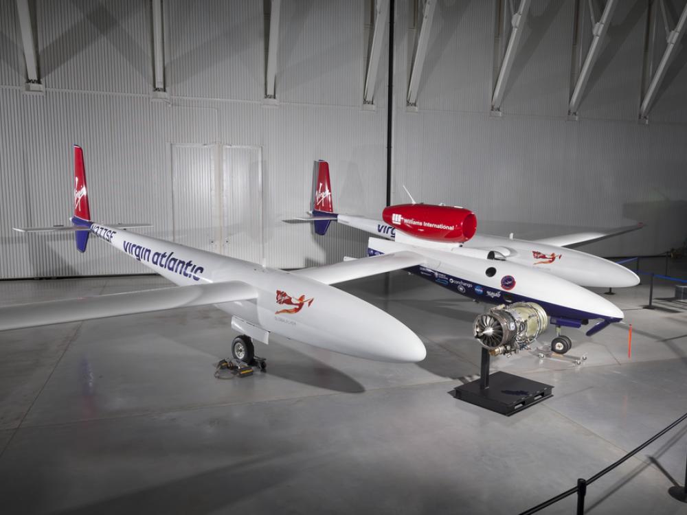 White, red, and blue turbofan-powered aircraft. 