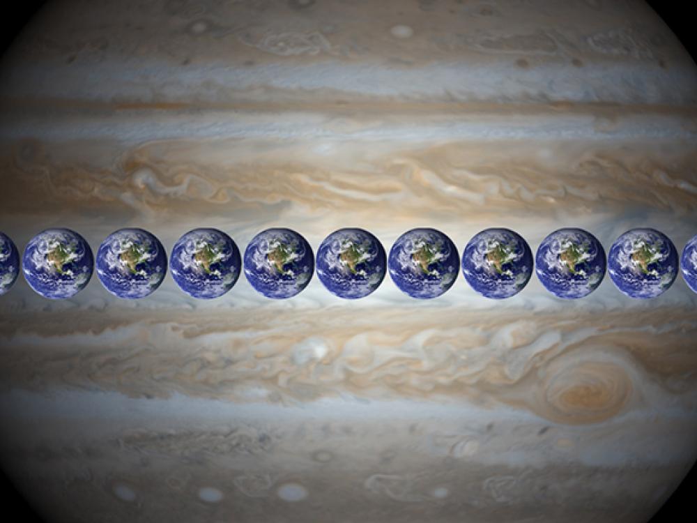 An image of Jupiter with 11 Earth's lined up across its diameter. 