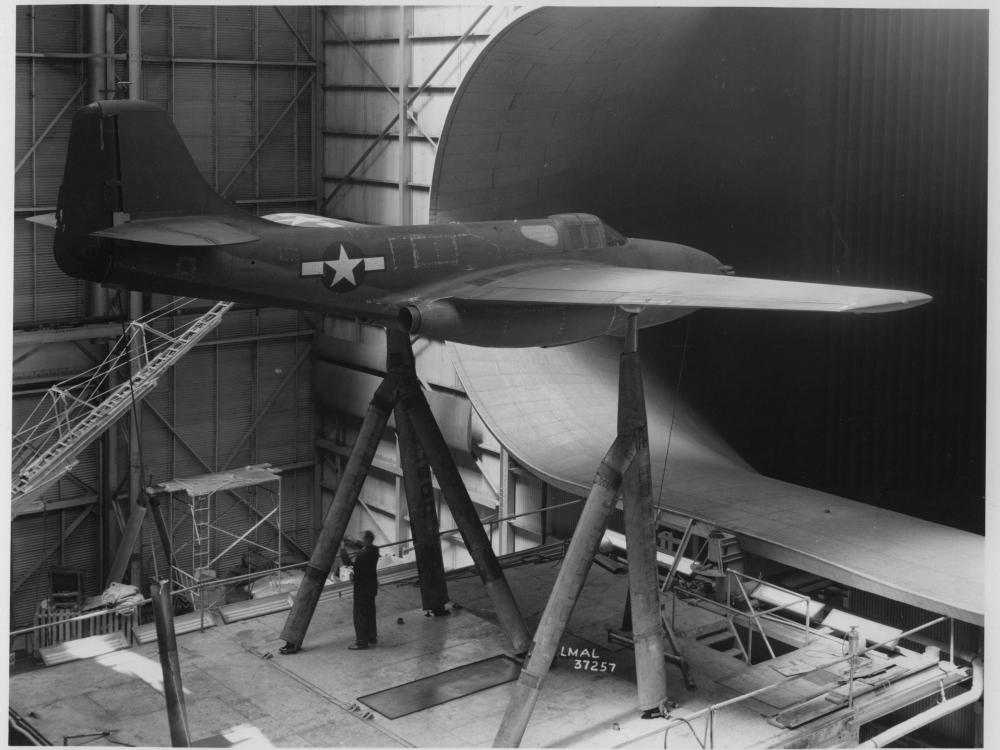 Bell XP-59 on Stands within the Full Scale Wind Tunnel