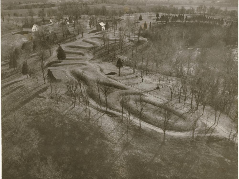 A sepia-toned photograph of a snake-shaped mound that snakes on top of a hillside between trees.