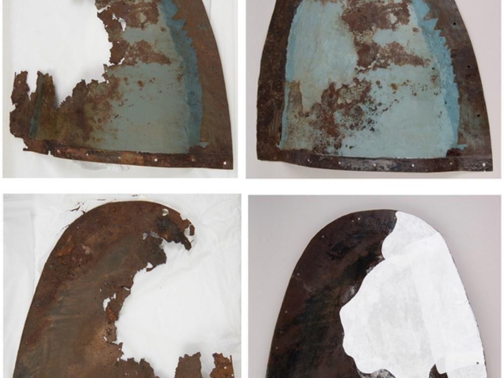 Four panels show different stages of conservation treatment on the fairing of the Horten Ho 229 V3, a gray, World War II-era military aircraft.