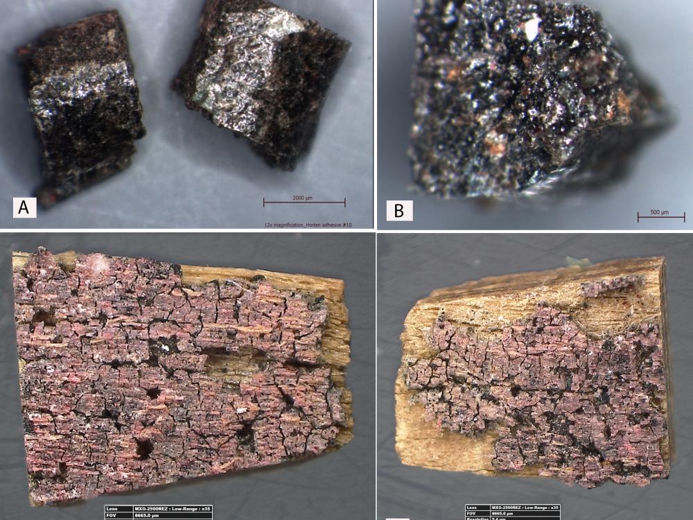 Four separate samples of a World War II era aircraft where adhesives were used on two sections of structural supports (A and B) and on spacer blocks (C and D).