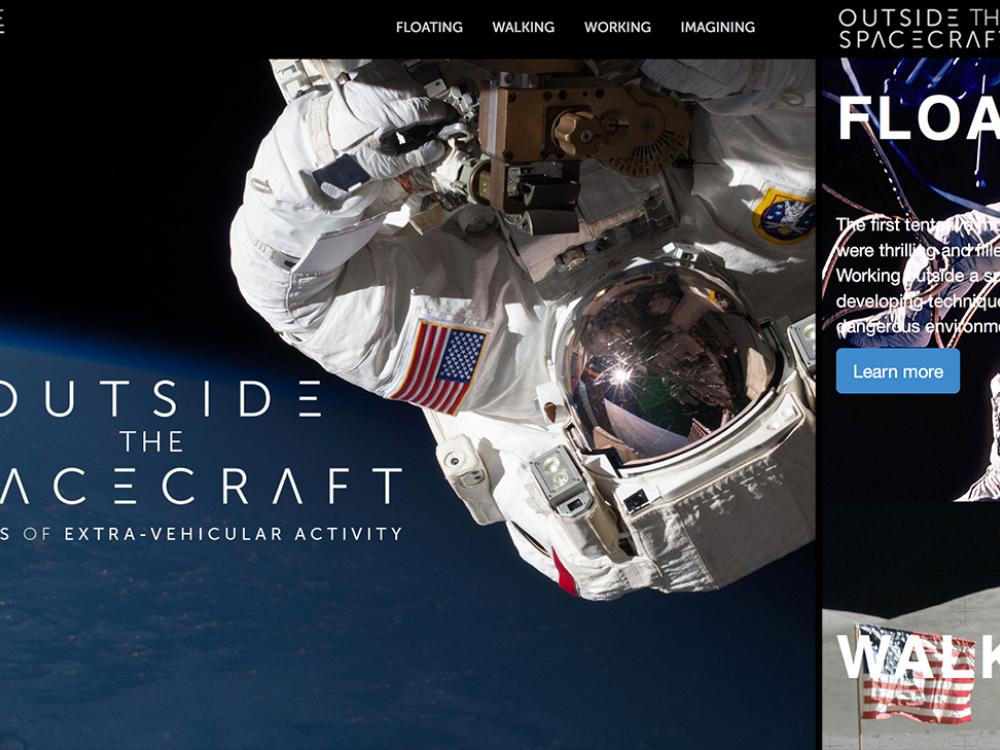 Screenshot of a museum website on fifty years of spacewalks. The website features two images of astronauts during a spacewalk, and another astronaut walking on the Moon.