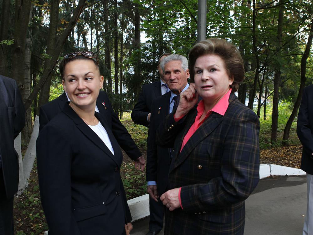 Female Cosmonaut Elena Serova, on the left, meets the first female Cosmonaut to enter space, Valentina Tereshkova.