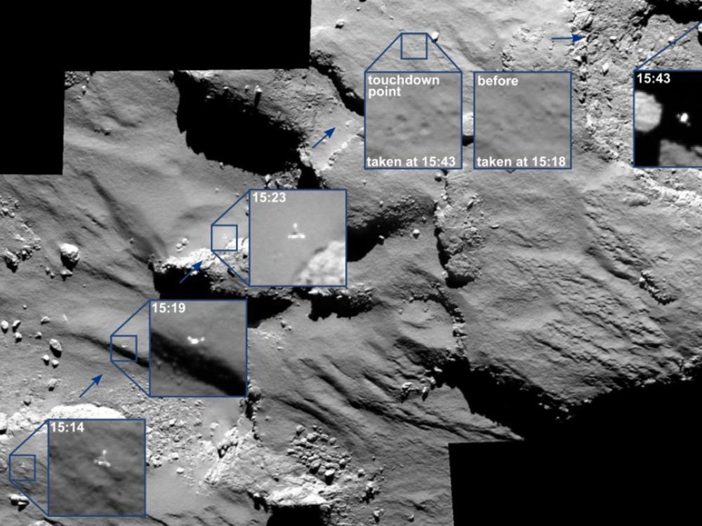 Different perspectives of a small spacecraft landing on a comet from the perspective of its mother spacecraft. The comet has a gray, rocky appearance.