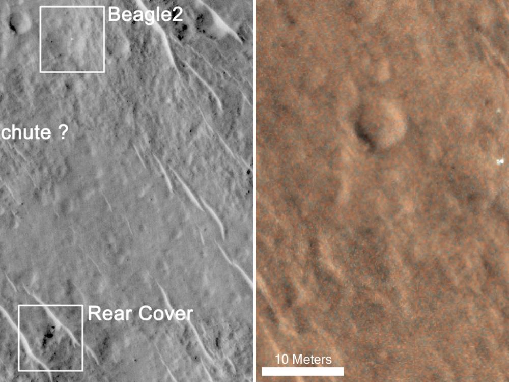 Two satellite perspectives of the area near the Beagle 2 Lander landing site. The left perspective shows the approximated landing sites of the lander, parachute, and cover. The right view shows a closer view of where the Beagle 2 Lander landed on Mars.