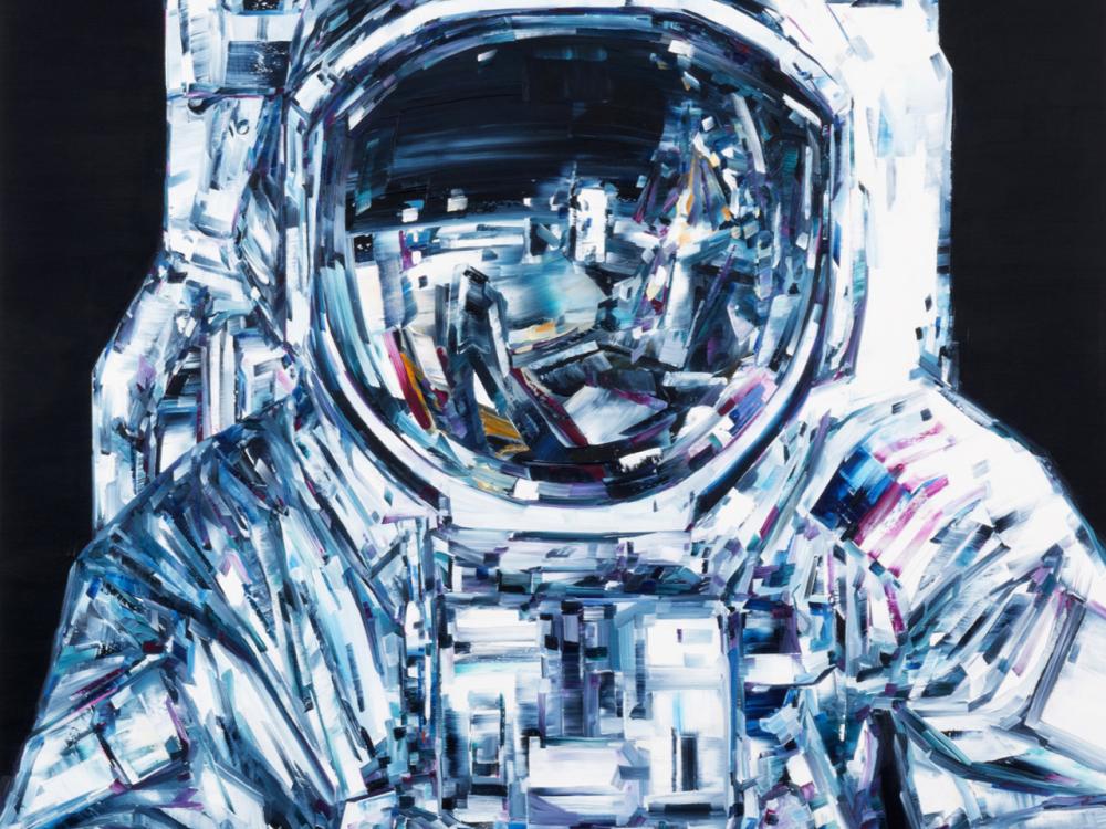 Oil painting of an astronaut during a spacewalk.