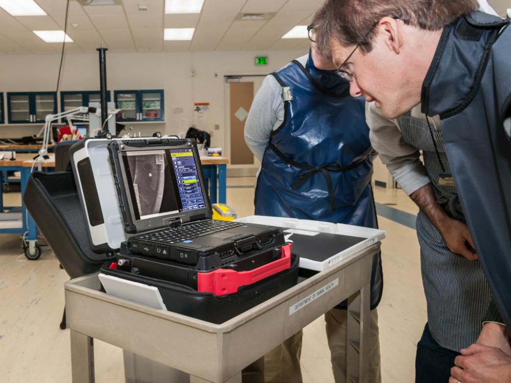 A Musuem conservator looks at a small laptop computer, where they view X-ray images of a spaceship studio model.