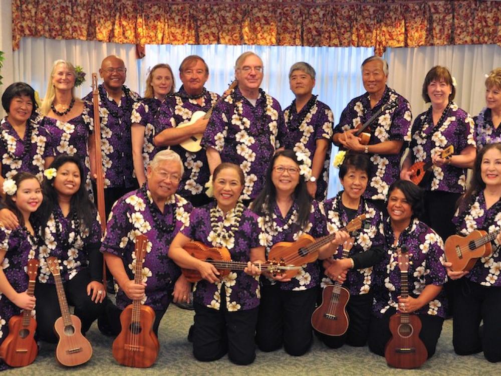 A large ensemble of ukulele players pose together with their ukuleles.