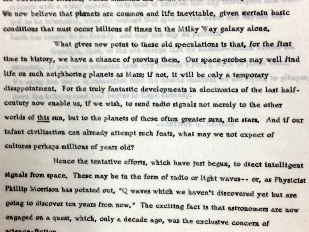 A typed, black ink manuscript written by Arthur C. Clarke. The manuscript is discussing science fiction and technology in development at the time.