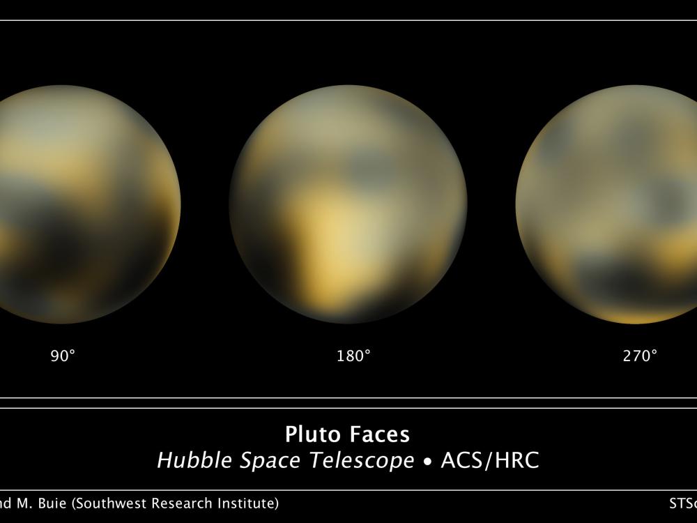 Three mosaic views of different angles of Pluto, a dwarf planet. 