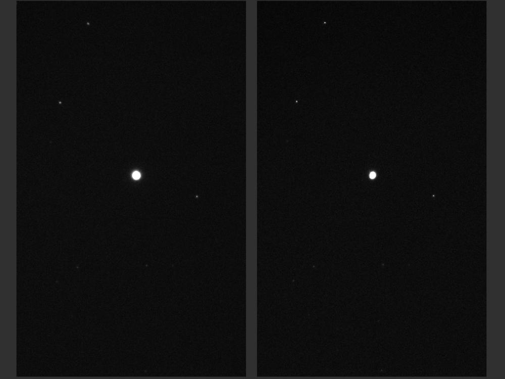 Two views of a white star in an otherwise mostly black sky. The white star in the left view image is at full brightness, whereas the right view shows the star at one third of its full brightness.